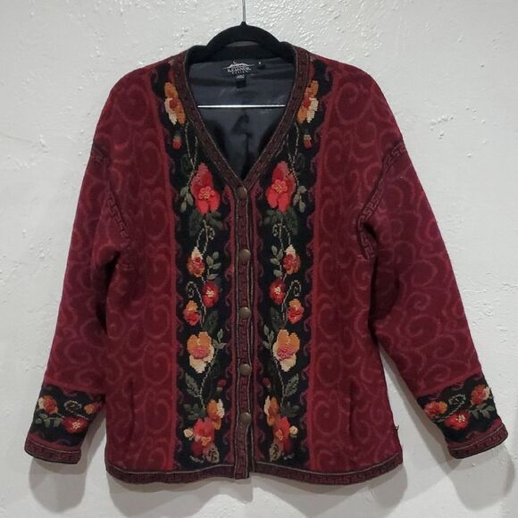 Icelandic 100% Wool Artisan Red Floral Cardigan Sweater Size M - Picture 1 of 15